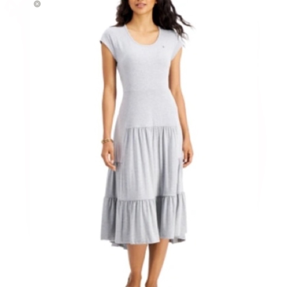 Tommy Hilfiger Midi Gray capped sleeve tiered dress